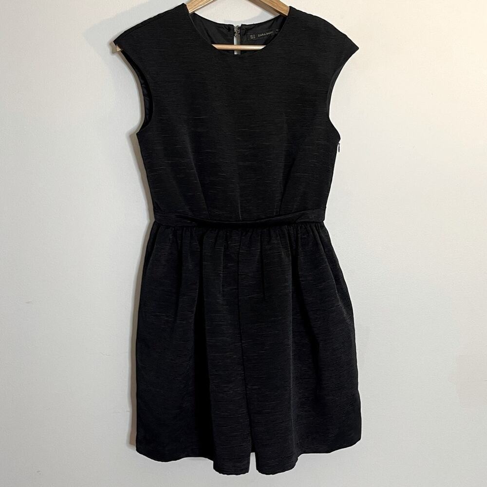 Zara Black Fit & Flare Pleated Rhinestone Textured Cocktail Mini Dress Size M